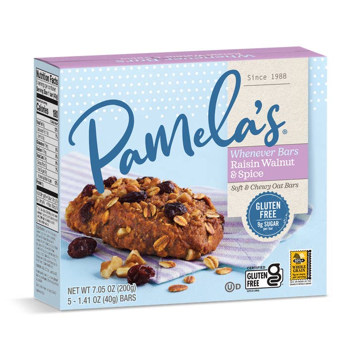 Pamela's Raisin Walnut Spice Whenever Bars, 5 - 1 .41 oz for wholesale by Ancient Harvest and Pamela's