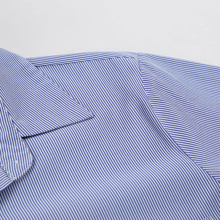 Bleu Chemise courte rayée à manches longues pour femmes SKT270 en vente sur Faire14