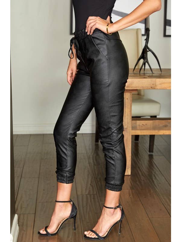 VENTI6 - Wholesale Pants - Women's - PU ELASTIC WAISTBAND ELASTIC ANKLE JOGGERS (97800-PU)