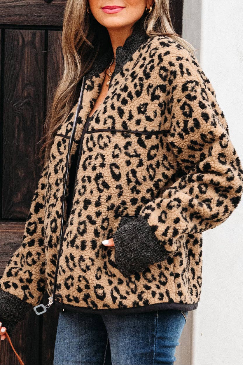 Khaki Leopard Zip-Up Side Pocket Jacket for wholesale on Faire2