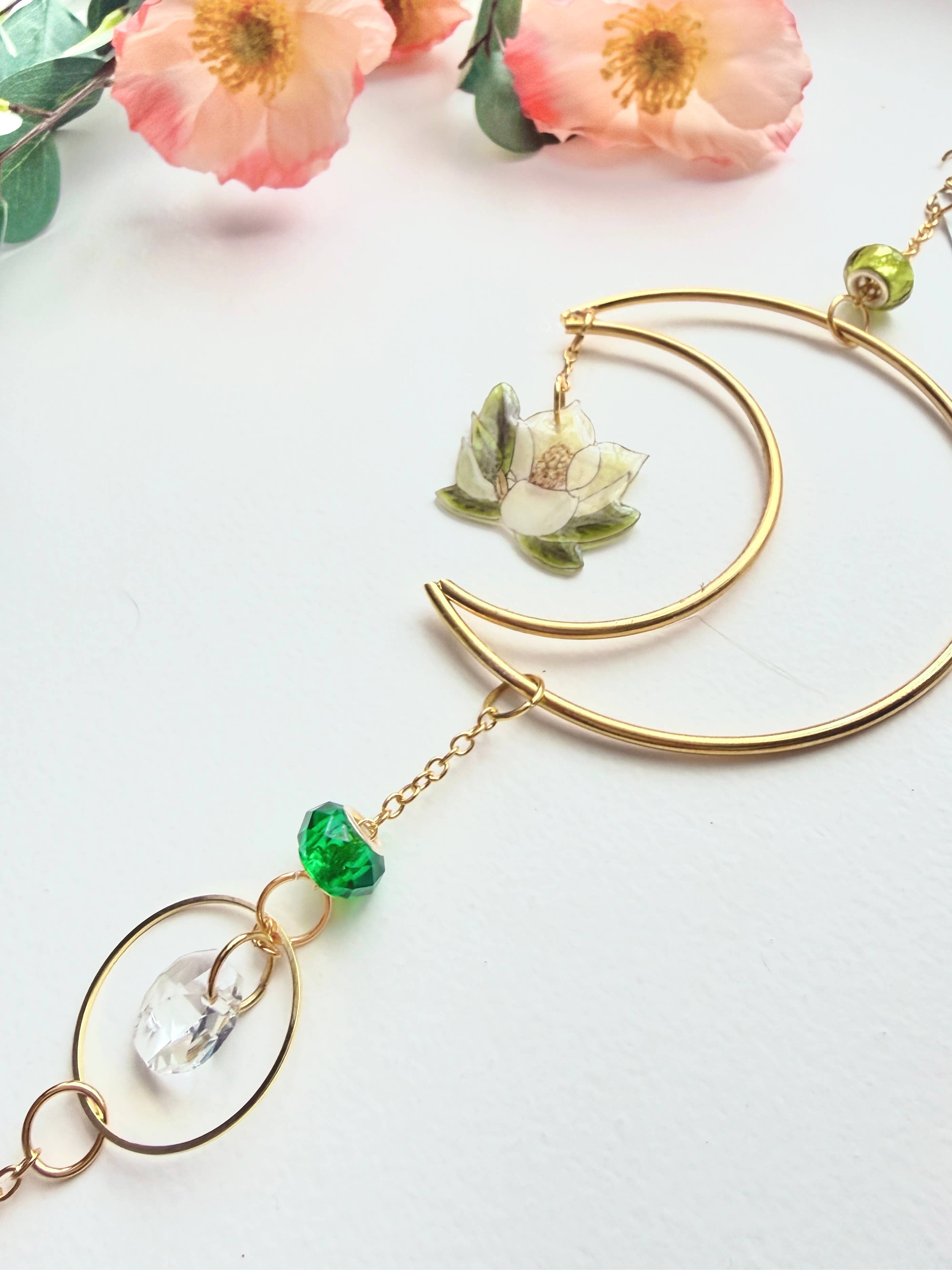 D. Prince Designs - Wholesale Suncatcher - Handmade + Hand-Illustrated Southern Magnolia Flower Suncatcher with Green Beads1