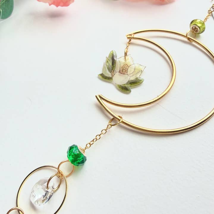 D. Prince Designs - Wholesale Suncatcher - Handmade + Hand-Illustrated Southern Magnolia Flower Suncatcher with Green Beads1