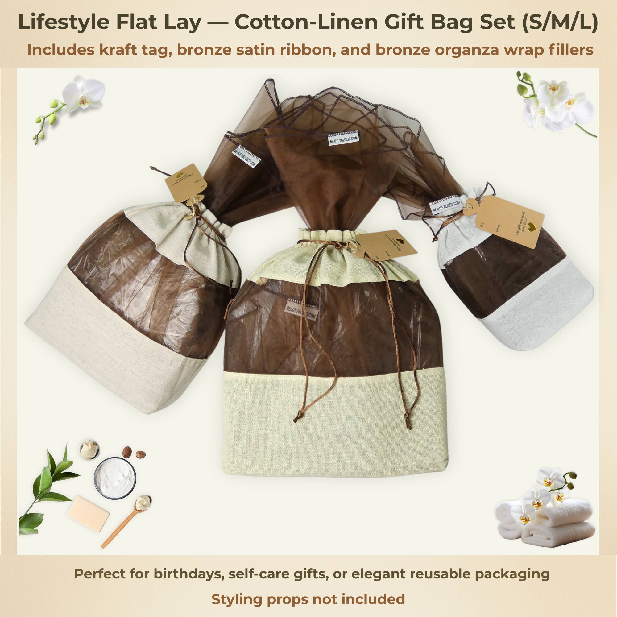 Beauty Blisss - Wholesale Gift Bag Set/Pack - Cotton Linen Gift Bags – Singles & 3-Pc Set (S/M/L)7