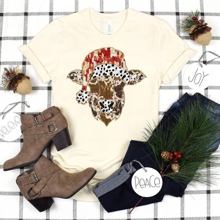 Cow Christmas Hat Brushstrokes - Design 2 DTF Transfer for wholesale by Flawless Transfers