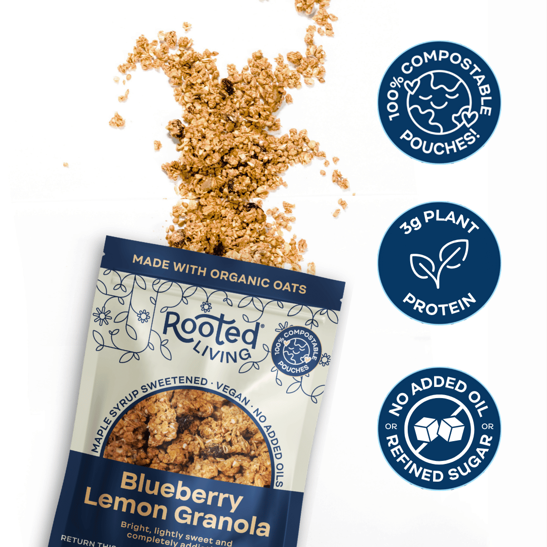 Rooted Living – wholesale Granola – Blåbär Citron Granola - 100% Komposterbar Påse (8oz)1