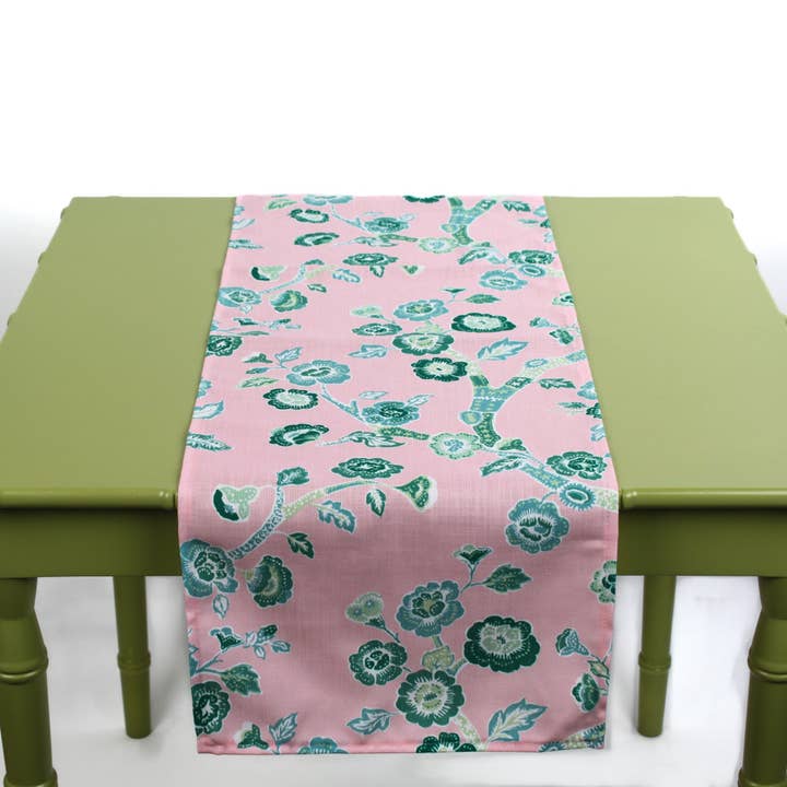 Temple Garden Pink and Green Chinoiserie Cloth Table Runner for wholesale by Madcap Cottage
