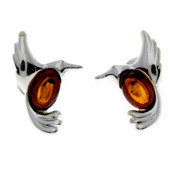925 Sterling Silver & Genuine Baltic Amber Bird Studs Earrings - GL1002 for wholesale by SilverAmber Jewellery