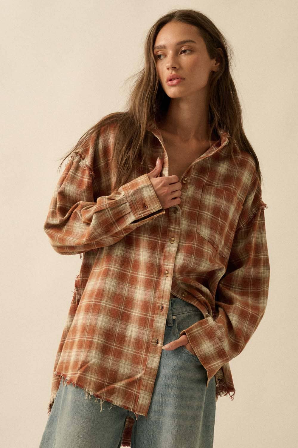 Promesa USA - Wholesale Button Down Shirt - Women's - Plaid Flannel Oversized Raw-Edge Pocket Shirt18