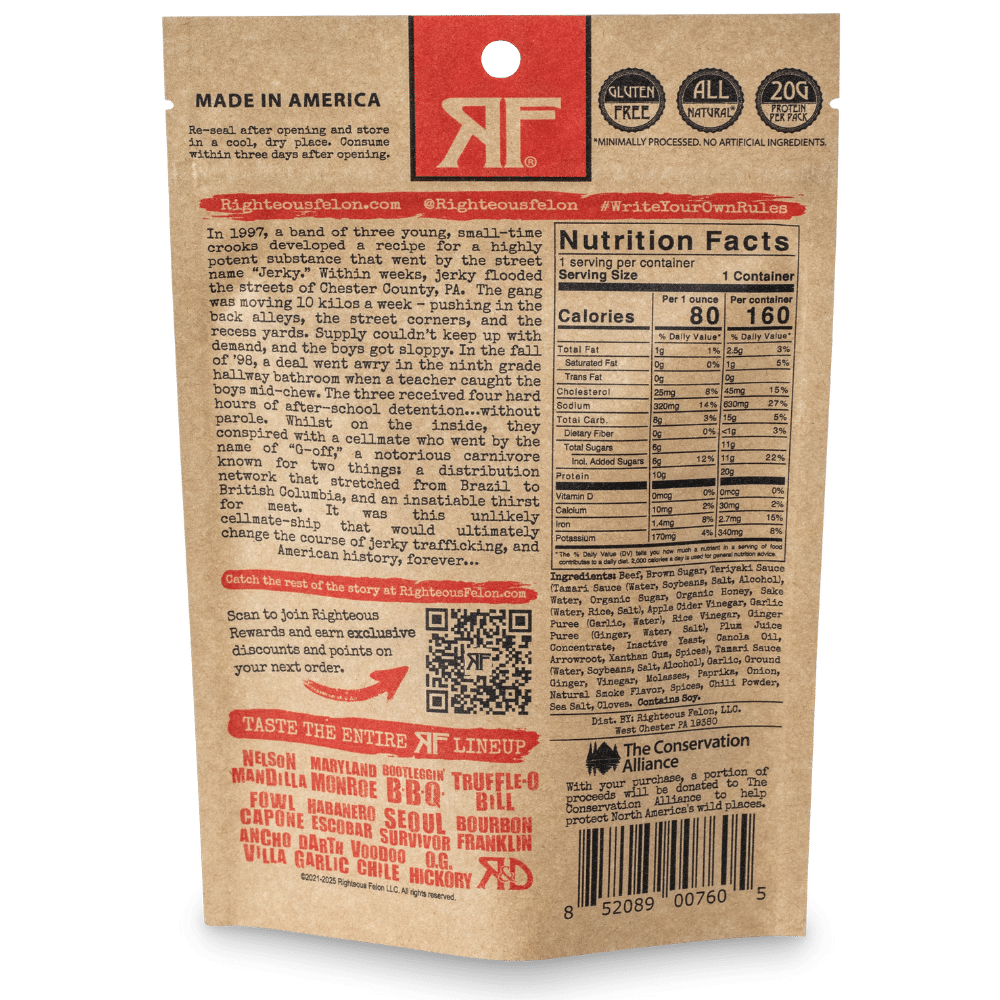 Righteous Felon Craft Jerky - Wholesale Jerky - Teriyaki Balboa Jerky 2oz3