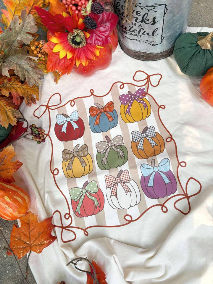 Pumpkin Trio Stack Fall Frame Graphic Tee for wholesale by Dash Forward Wholesale