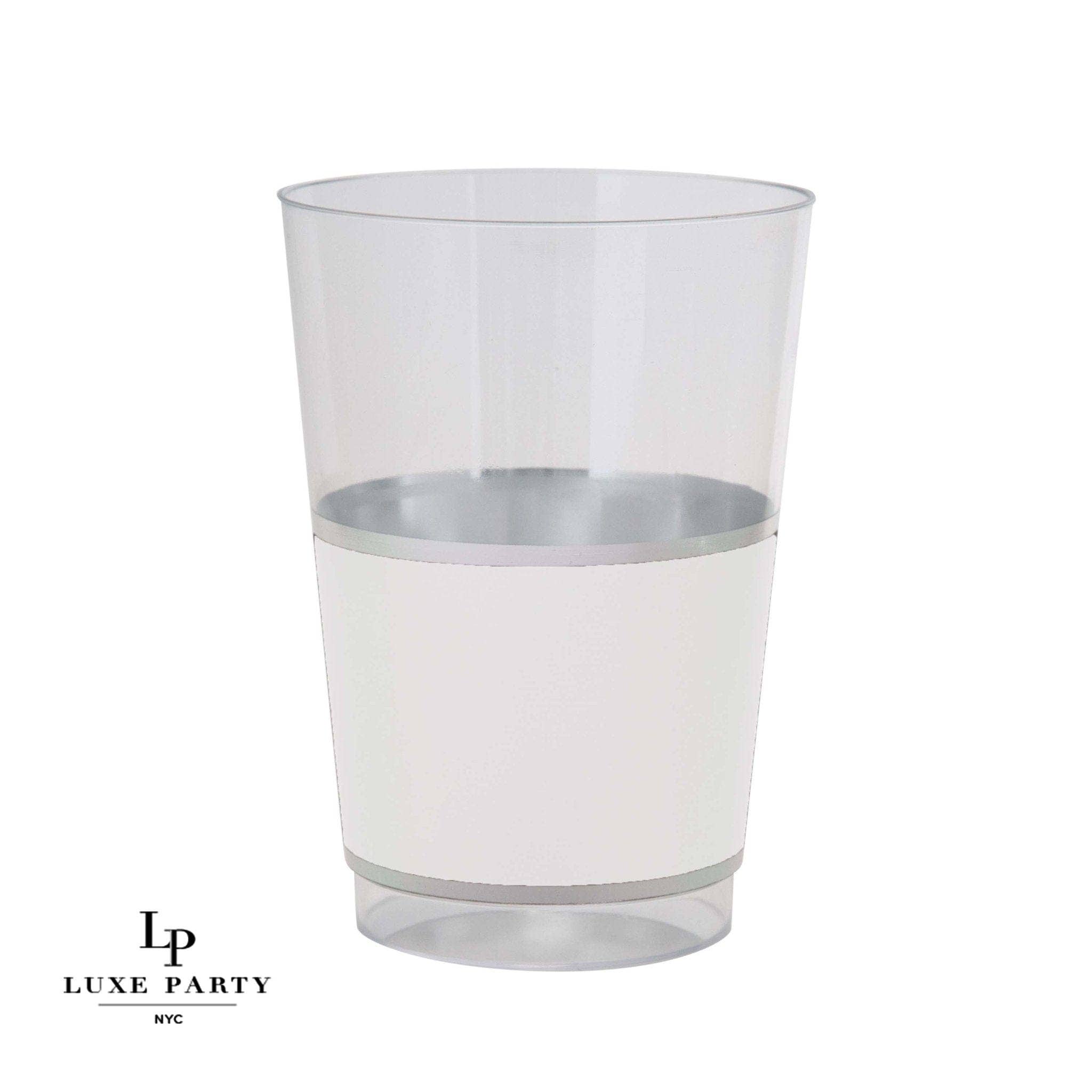 Luxe Party - Wholesale Drinking Glass/Cup - 12 Oz Round Silver • White Banded Plastic Cups | 10 Cups