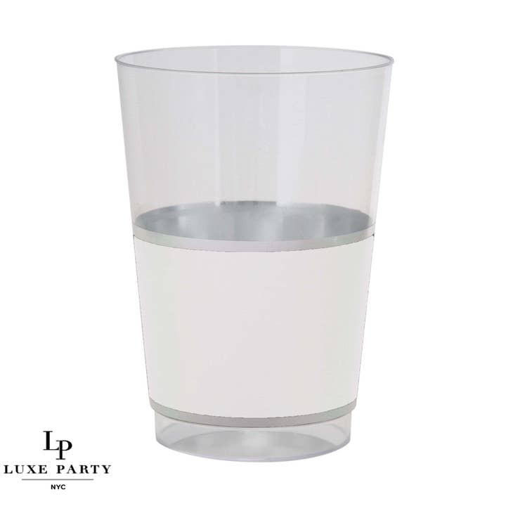 Luxe Party - Wholesale Drinking Glass/Cup - 12 Oz Round Silver • White Banded Plastic Cups | 10 Cups0