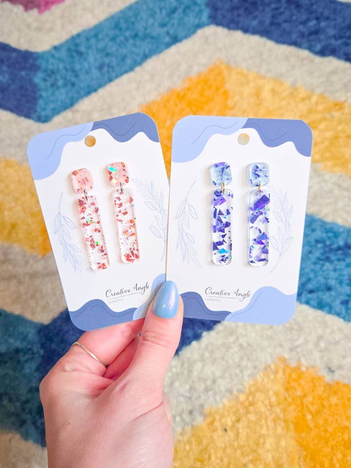 Rose Gold or Blue Glitz Geometric Dangle Earrings for wholesale by Creative Angle Customs