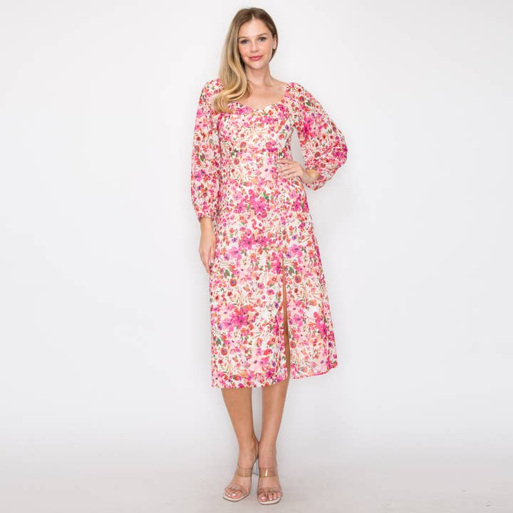 Print straight midi dress with 3/4 sleeves - LWD2380 for wholesale by LoveWednesday