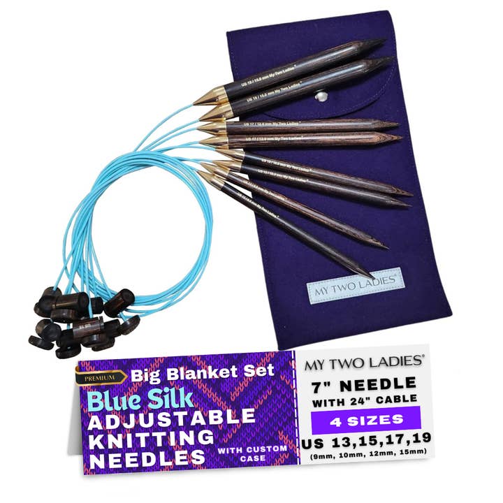 Blue Silk | Big Blanket Set | Adjustable Knitting Needles | 4 Sizes | US13, US15, US17, US19 | w/custom case for wholesale by My Two Ladies