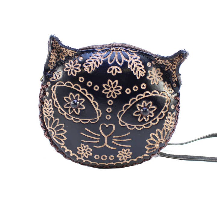 E3214-1 Handmade Leather Sugar Cat Wristlet coin purse wallet for wholesale by Sunflower Handmade leather inc