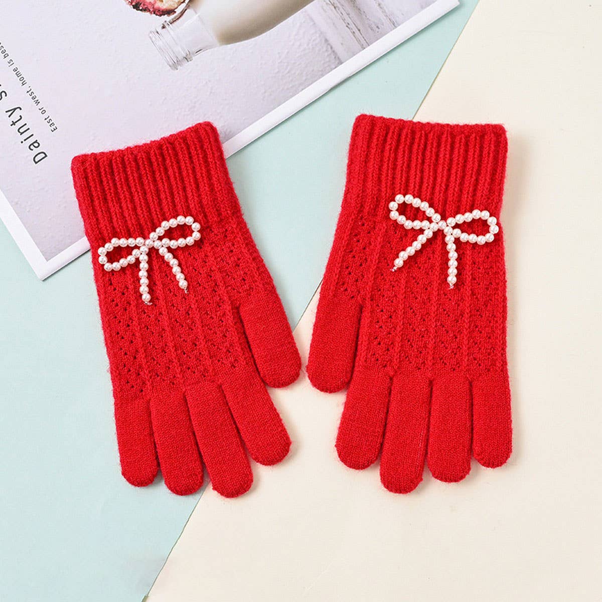 NINEXIS - Wholesale Gloves - Women's - CWAG00586_WOMEN WINTER KNIT BOW PEARL TOUCHSCREEN GLOVES7