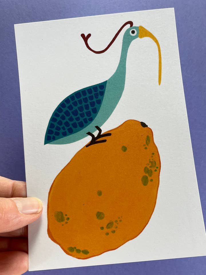 Bird on a Papaya Collage Postcard for wholesale by Bunny with a Toolbelt
