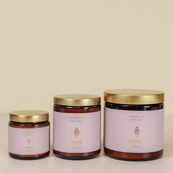 JaxKelly Candles - Wholesale Jar/Filled Candle - 4oz Amber Crystal Candles - Amethyst - Healing2