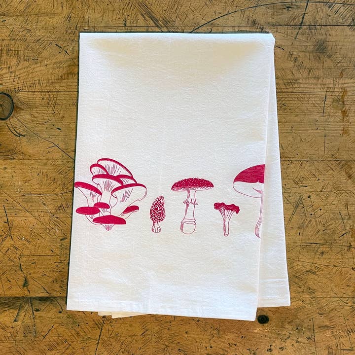 Mushrooms Screen Printed Tea Towel for wholesale by Green Bird Press