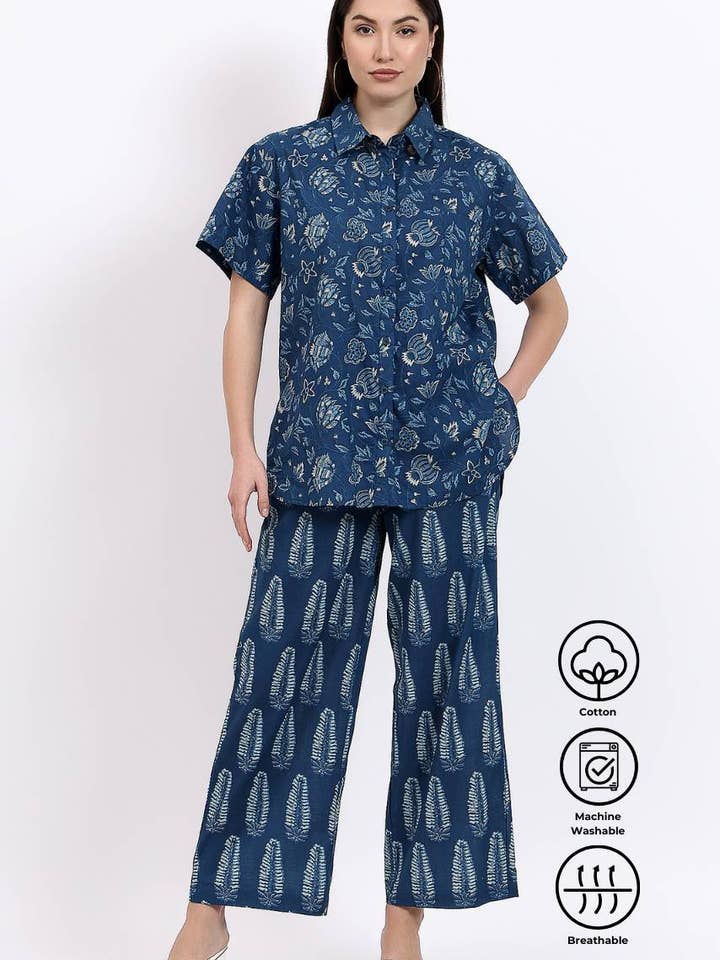 Hi Handmade - Wholesale Buttoned-down shirt – Women's - Coord Shirt Pant Set - Blue5
