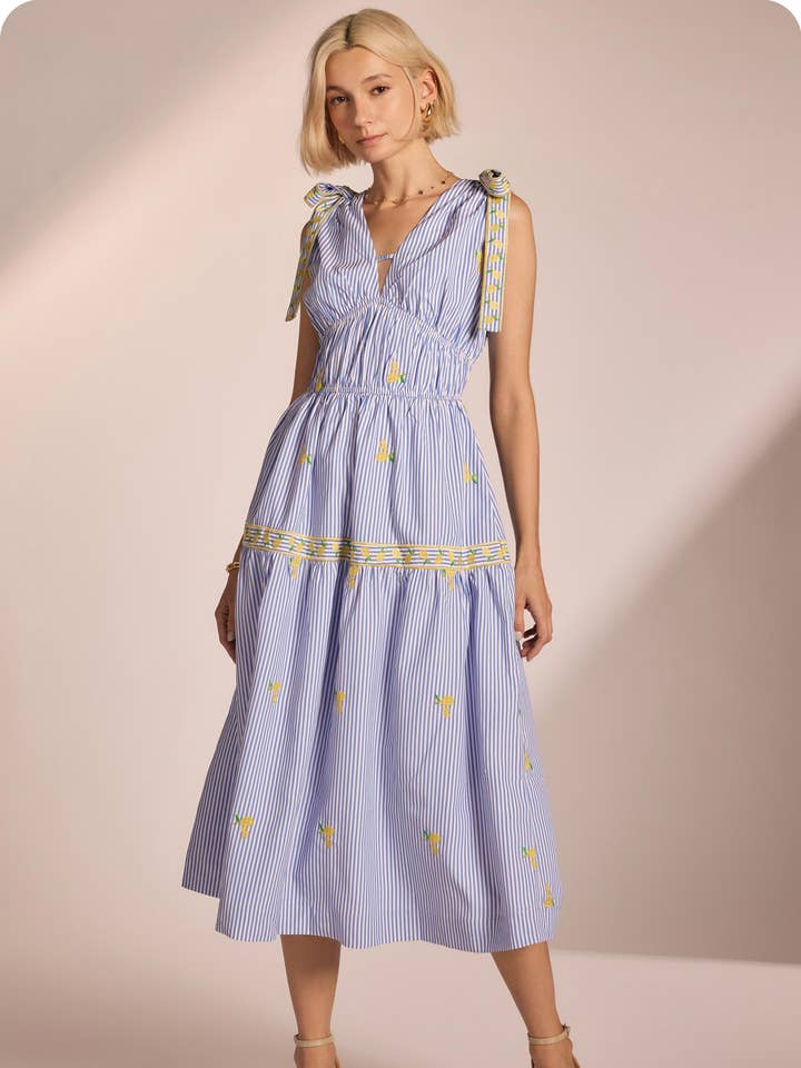 Lemon Embroidery Bow Strap Detail Stripe Midi Dress for wholesale by Strut & Bolt
