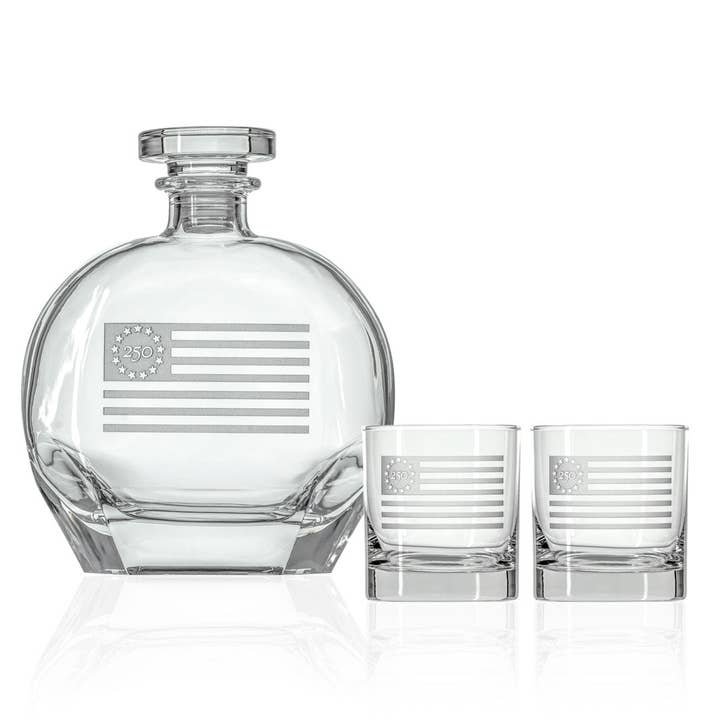 America250™ Betsy Ross Flag 3 Piece Gift Set | Whiskey Decanter and Rocks Glasses for wholesale by Rolf Glass
