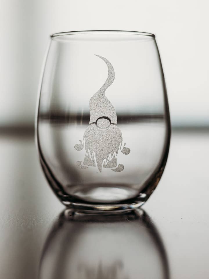 Etched Wine Glass, 12 oz stemless Wine Glass for wholesale by Lester Lou’s Designs