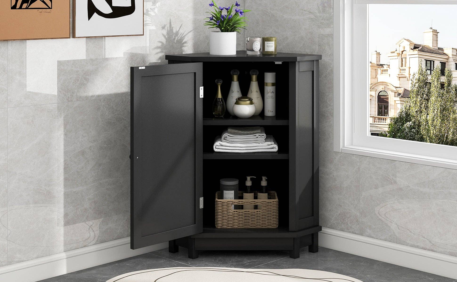 Orange County Decor - Wholesale Cabinet - Black Bathroom Cabinet Triangle Corner Storage Cabinet With Adjustable Shelf Modern Style Mdf Board Black Mdf27