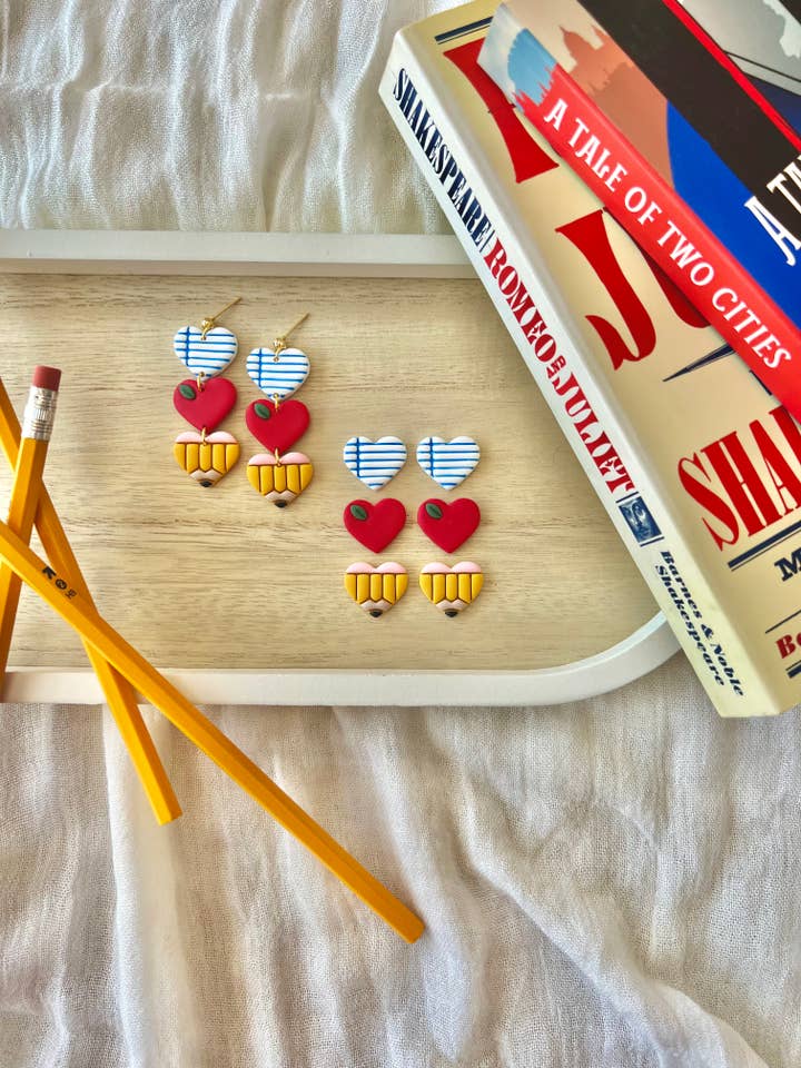 Pencil Clay Earrings, Apple Heart Earrings, Teacher Earrings for wholesale by SeizeTheClayJewelry