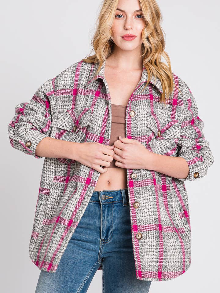 Wide Plaid Button Down Jacket 3451T for wholesale by ELLEBORN