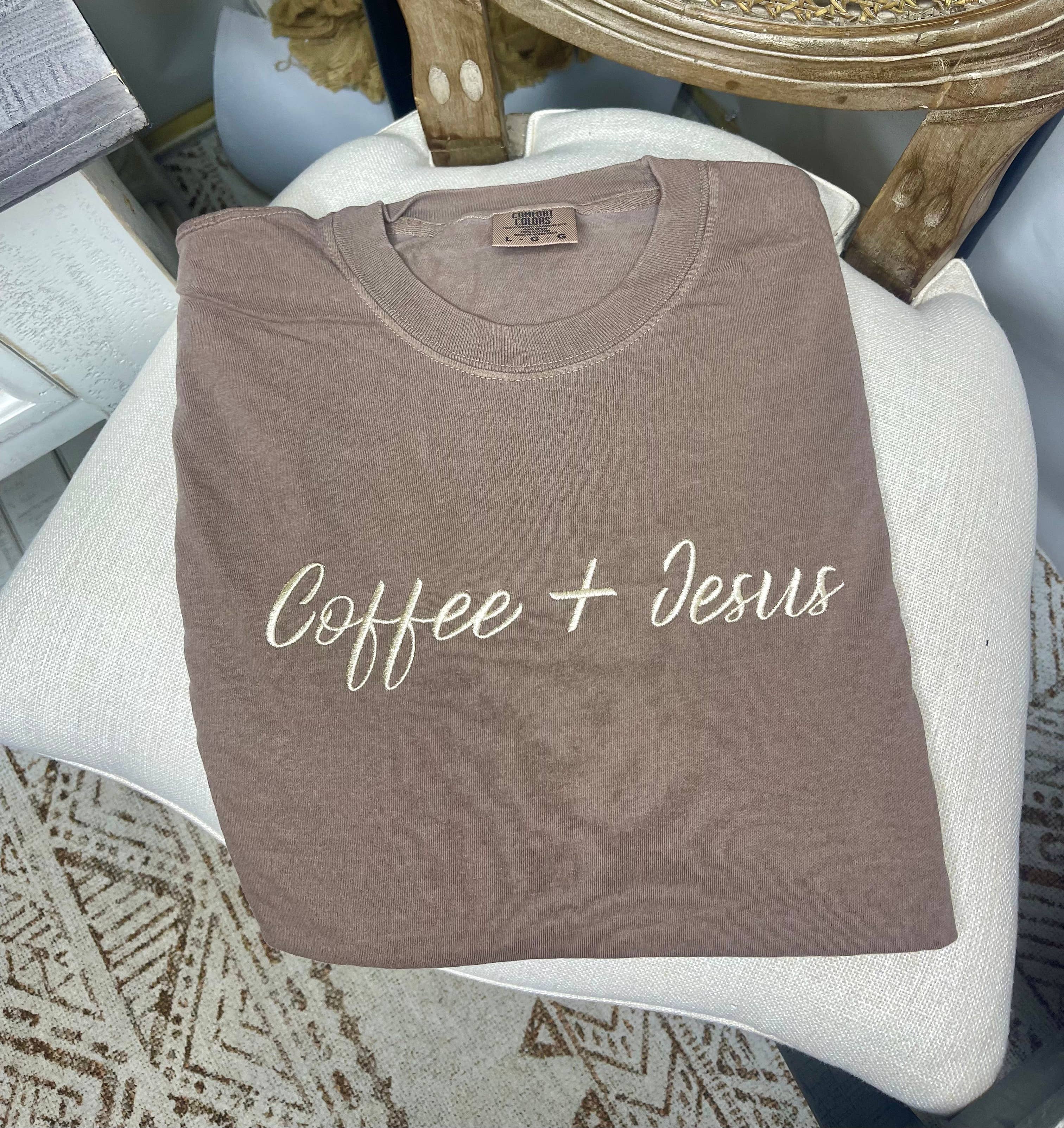 Comfort Colors Espresso Coffee + Jesus (Embroidered T-Shirt) for wholesale on Faire
