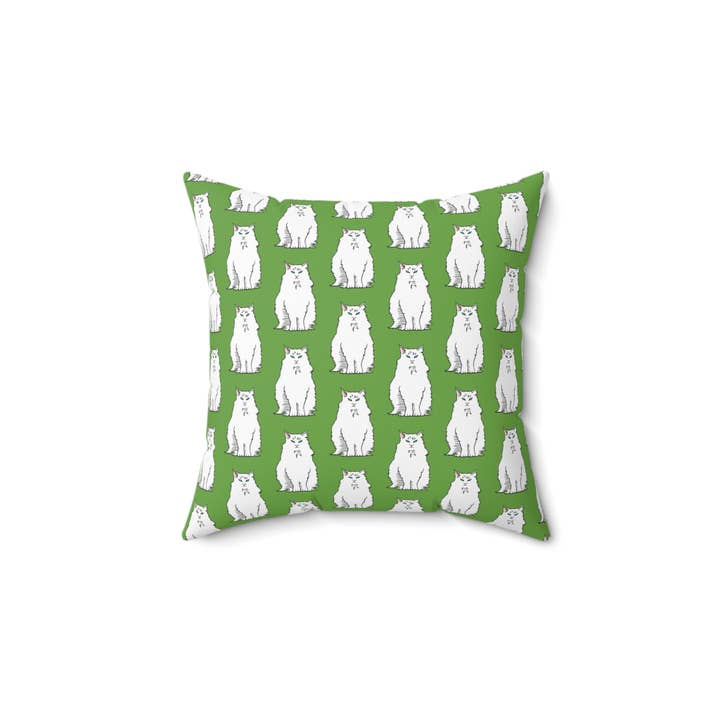 Coussin carré en polyester filé Grumpy Cat pour les amoureux des animaux de compagnie, décoration d'intérieur ou idée cadeau pour la vente par Terry Heath Art