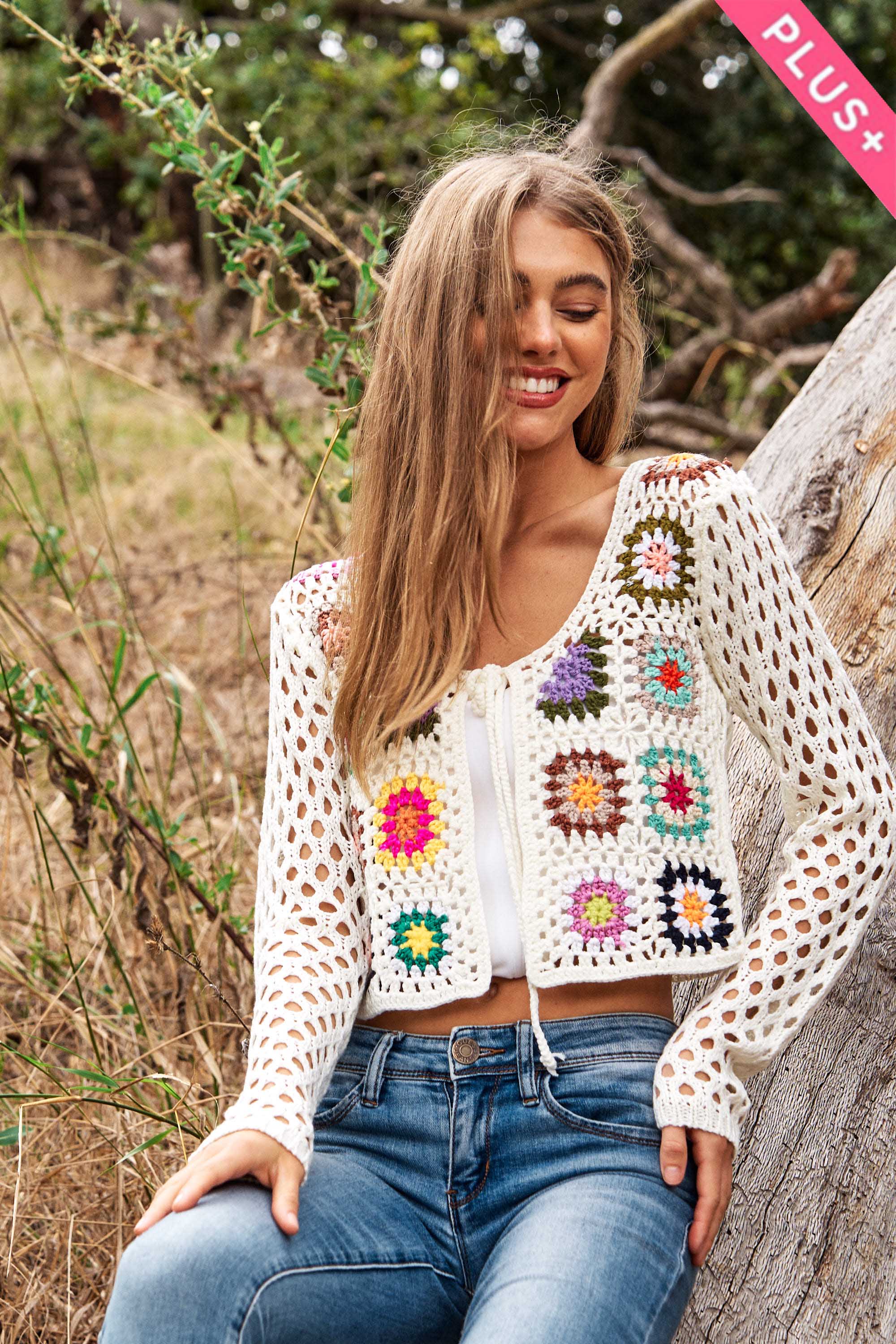 Davi & Dani - Wholesale Cardigan - Women's - PLUS CROCHET FLORAL LONG SLEEVE TIE FRONT CARDIGAN11