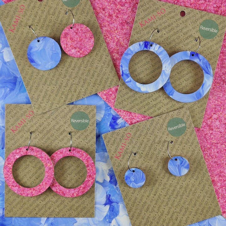 Reversible Circle Recycled Paper Earrings - Rose Speckle / Blue & White for wholesale by Kami-so