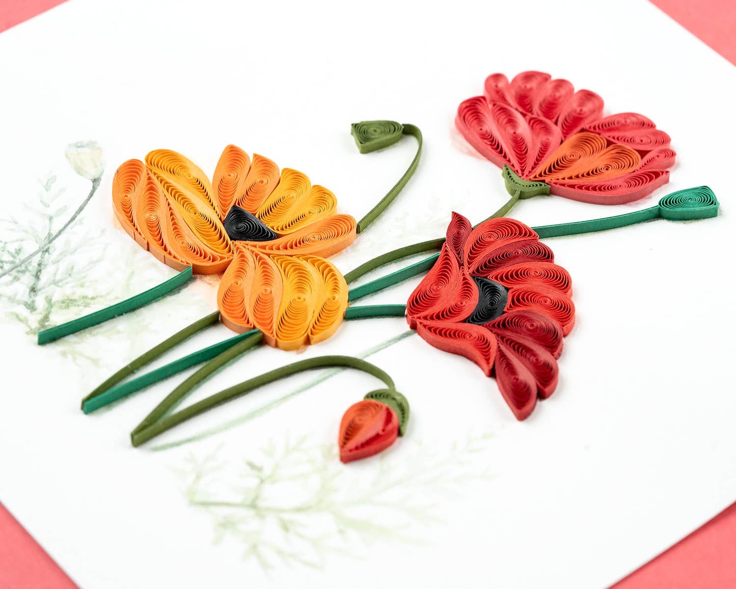 Quilling Card - Wholesale Everyday Greeting Card - Quilled Red & Orange Poppies Greeting Card2