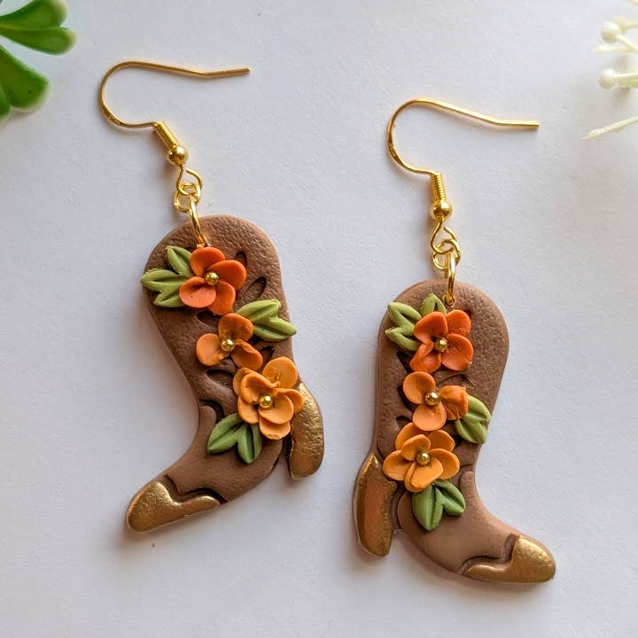 Floral cowboy boot earrings gold for wholesale by Luxe Trauma