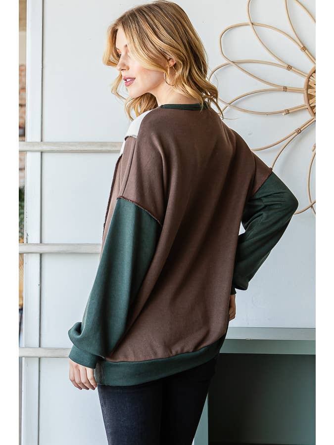 7th Ray - Wholesale Knit Top - Women's - Color Block Front Pocket Oversized Long Sleeve Top T534511