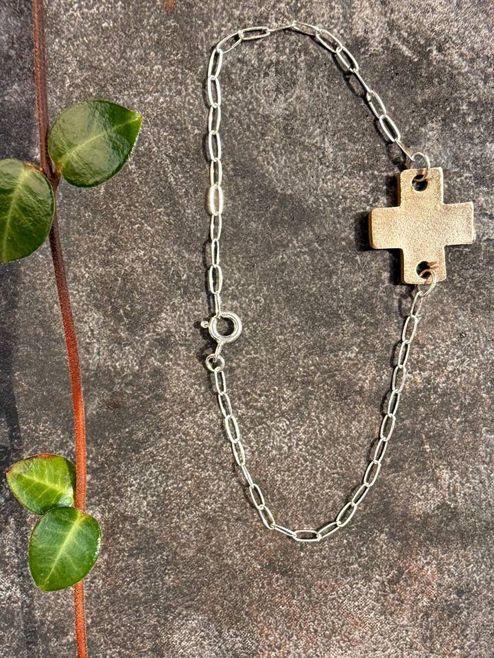 Gold and Silver Cross Bracelet with Paperclip Chain for wholesale by Adorn