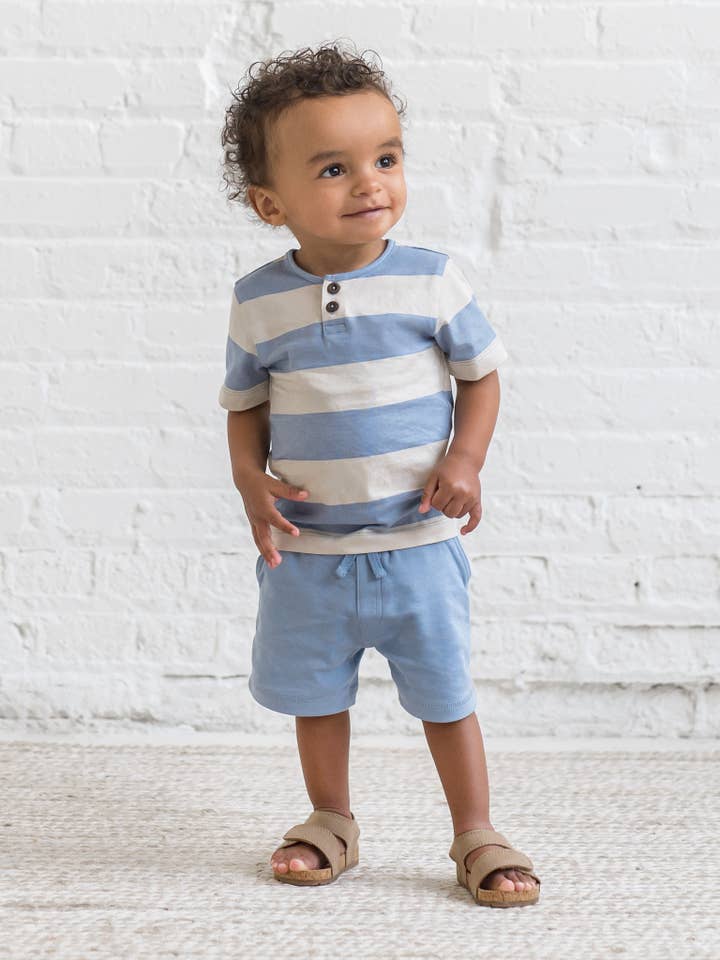Colored Organics - Wholesale T-Shirt - Kids - Organic Reef Short Sleeve Henley - Marco Stripe / Rain + Oat