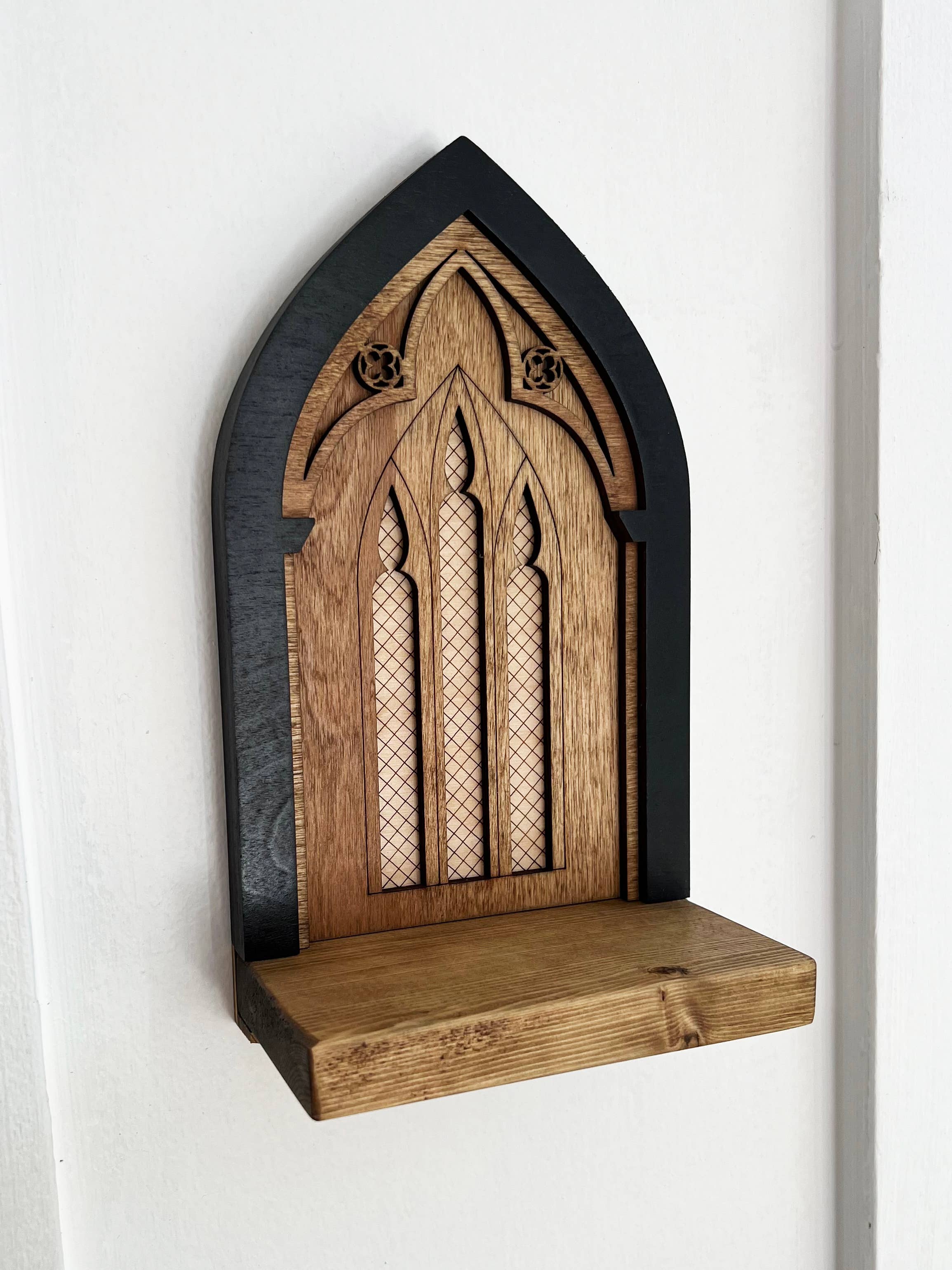 Studio Dust - Wholesale Wall Mounted Shelf - Gothic Cathedral Arch Wall Shelf - Wood Candle Sconce, Altar1
