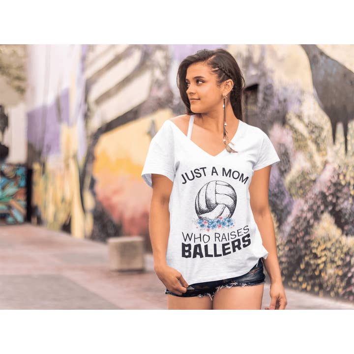 White ULTRABASIC Women's V-Neck T-Shirt Just a Mom Who Raises Ballers - Funny Quote for wholesale on Faire2