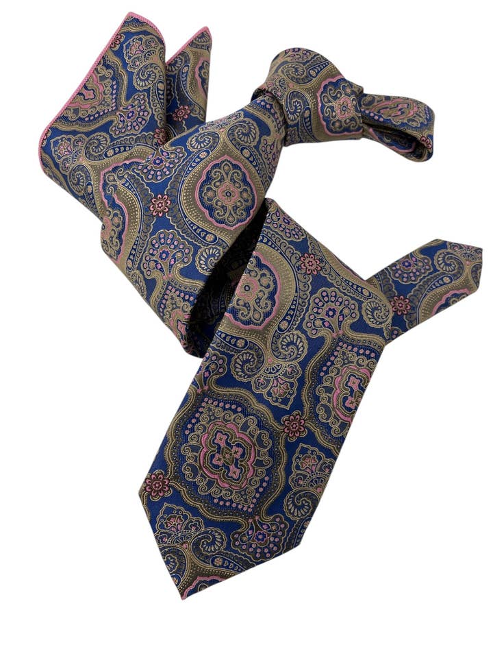 DMITRY Men's Blue Patterned Italian Silk Tie & Pocket Square Set - Limited Edition for wholesale by DMITRY Ties