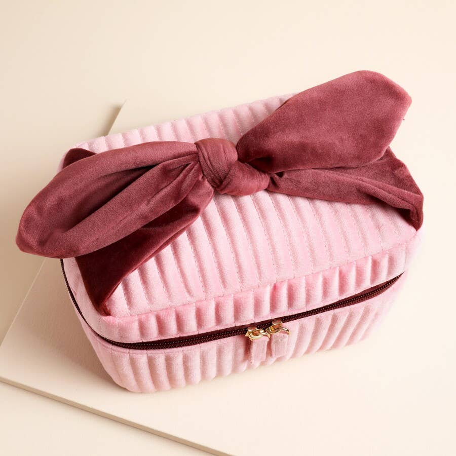 Lisa Angel - Wholesale Makeup/Cosmetic Bag - Pale Pink and Red Velvet Bow Vanity Makeup Bag1