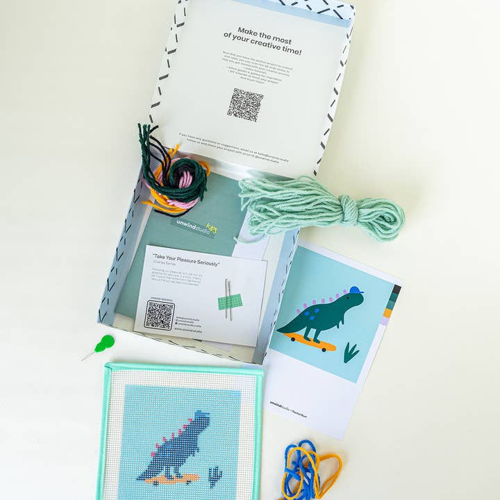 Unwind Studio - Wholesale Embroidery/Cross Stitch Supplies - Dino The Skater - Needlepoint Kit for Kids