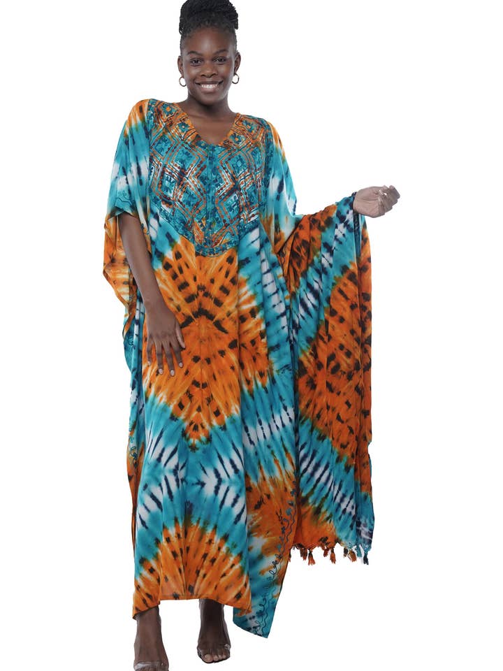 African Women Vibrant Orange Embroidered Tie & Dye Kaftan for wholesale by Satsuma Wholesale