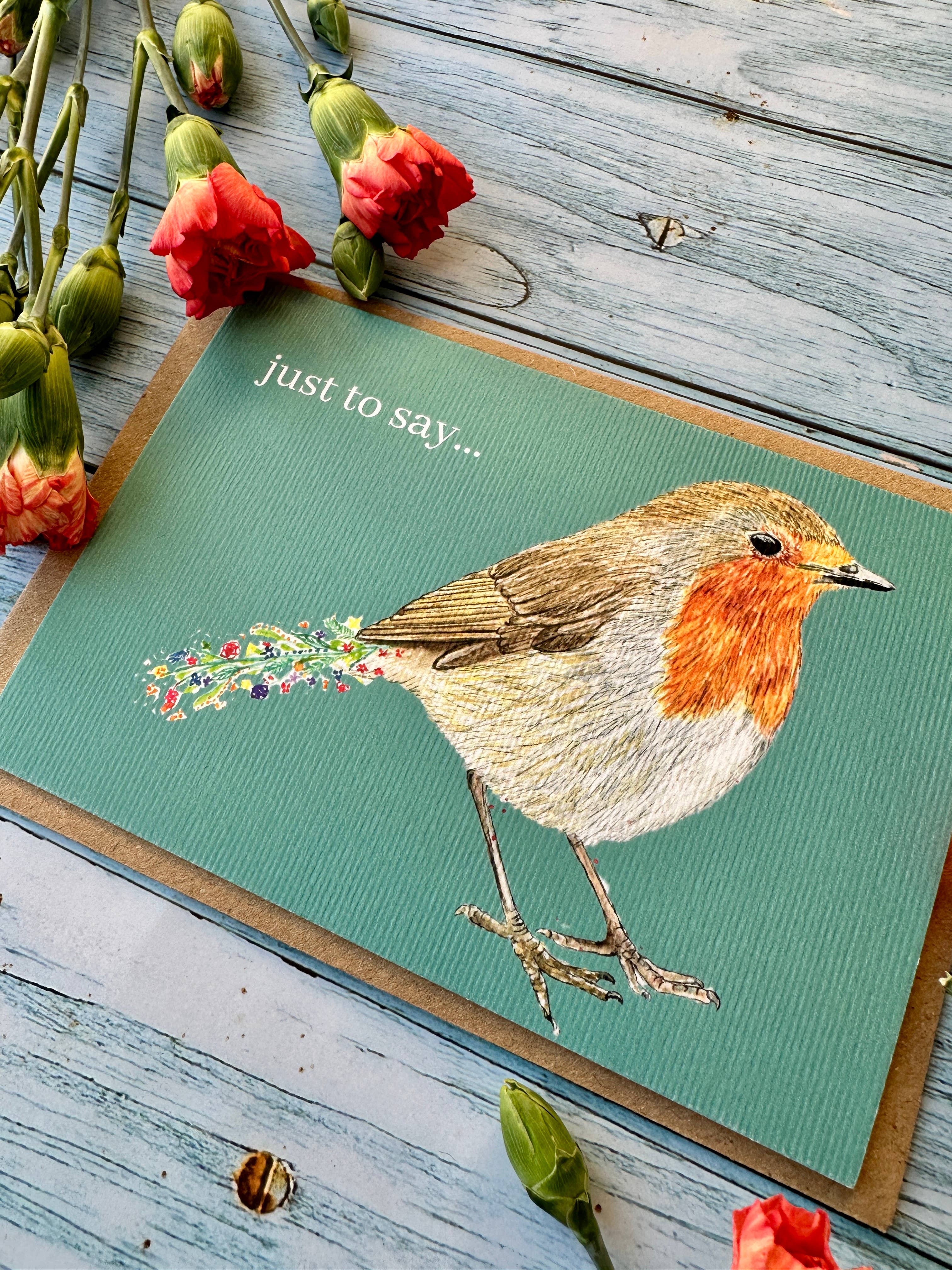 Jen Winnett Eco Artist - Wholesale Everyday Greeting Card - Robin Just to say | Eco Friendly Card Blank Wildlife British3