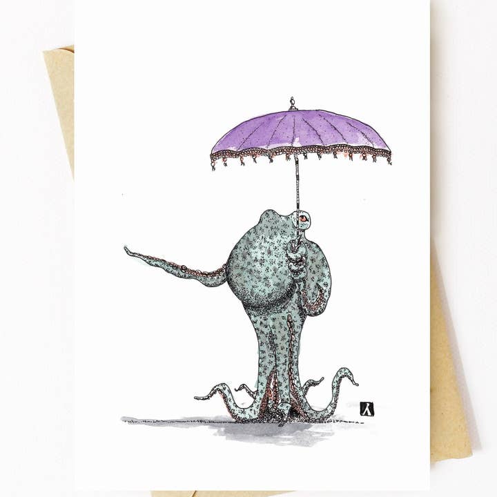 Carte de 5 x 7 pouces avec une pieuvre tenant son parasol pour la vente par Bellavance Ink