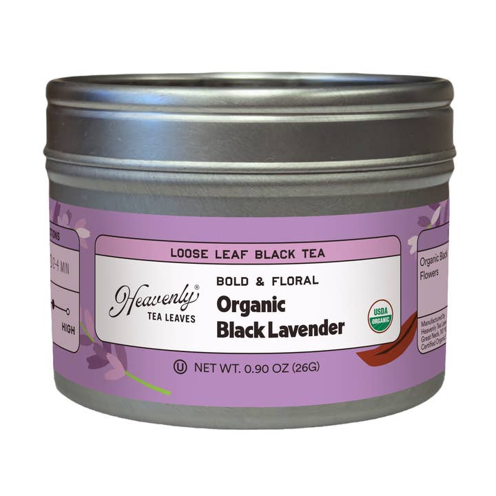 Organic Black Lavender, Clear Top Loose Leaf Black Tea Tin for wholesale by Heavenly Tea Leaves