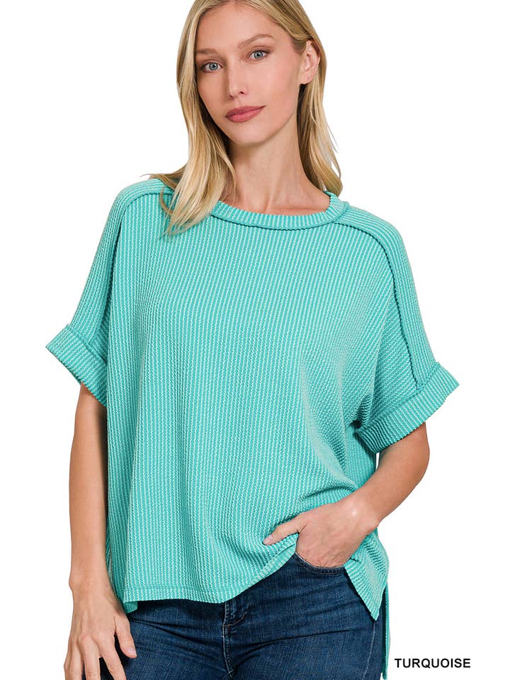 42POPS – wholesale Stickad topp - Dam – .Corded Rib Kortärmad Topp med Rå Kant8